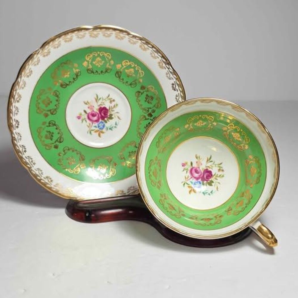 Sutherland Teacup and Saucer Green Pink Flowers Vintage